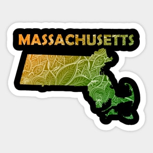 Colorful mandala art map of Massachusetts with text in green and orange Sticker